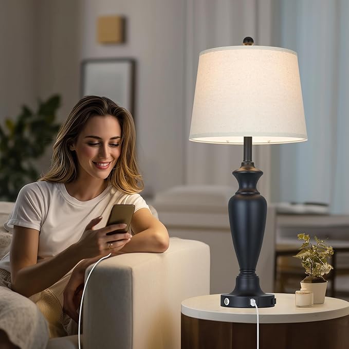 luxeflow Black Table Lamp for Living Room Single, 30″ Tall Touch Control Bedside Lamp for Bedroom, 3-Way Dimmable Nightstand Lamp with USB A+C Ports and AC Outlet (1 Pack)
