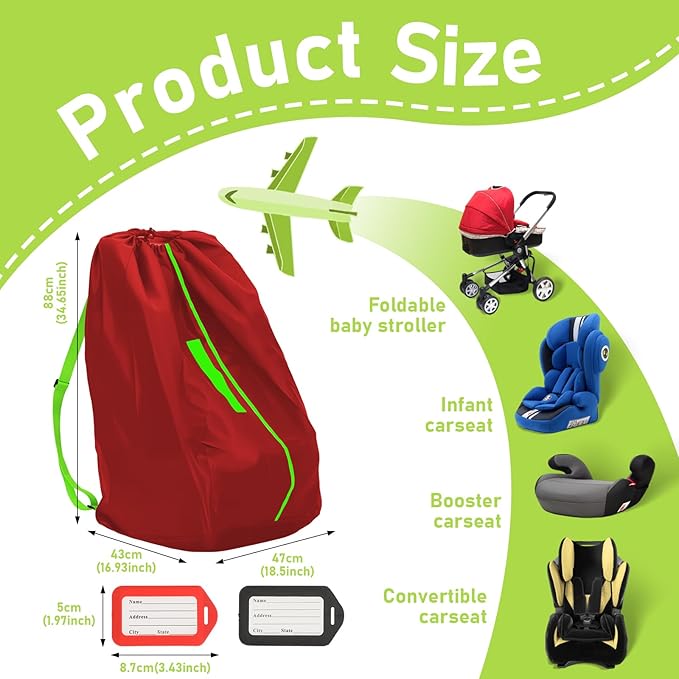 Jaseppor Car Seat Bags For Airplane Travel, Gate Check Bag, Durable Travel Bag with Thickened Shoulder Straps and 2pcs Luggage Tags For Airplane（Red）