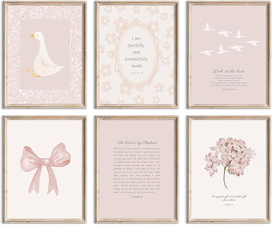 Lhoiplme Nursery Christian Wall Art Bible Verse Prints Pink Girl Nursery Room Canvas Wall Decor Coquette Bow Poster Jesus Boho Scripture Picture Vintage Floral Artwork for Bedroom 8x10x6 Inch Unframed