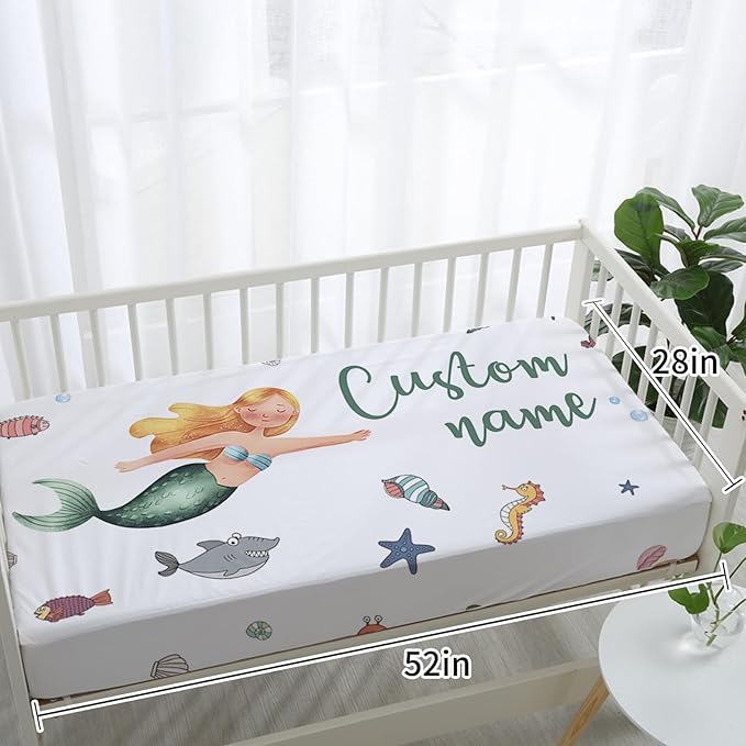 Personalized Baby Crib Bedding Set: 4 Piece Custom Crib Bed Set with Name, Nursery Bedding Set for Baby Girls Crib, Newborn Boys Crib Sets, Custom Gift Crib Bedding, Crib Sheet, Mermaid Theme