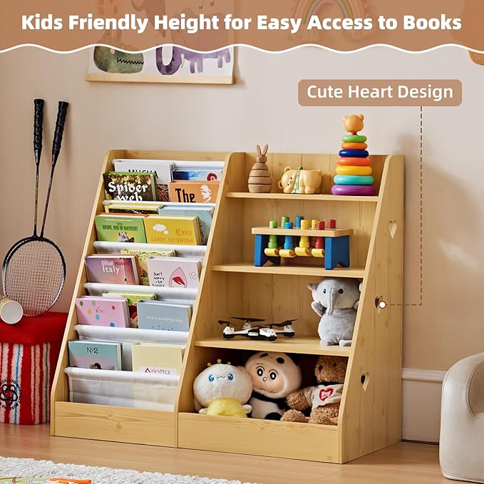 Lerliuo 4 Tier Kids Bookshelf and Storage Organizer, Five Layer Sling Children Bookcase, Baby Toddler Wooden Book Shelf, Display Cabinet for Playroom, Bedroom, Classroom, Nursery, School (Natural)