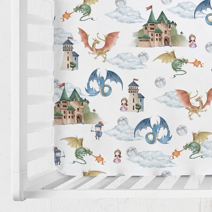 Fairytale Dragons Castle Baby Crib Sheet 52''x28'' Cute Dragon Princess Knight Moon Clouds Stretchy Fitted Crib Mattress Cover for Boy Girl Bed Sheets for Standard Crib Toddler Mattress