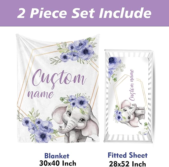 2-Piece Personalized Crib Bedding Set for Girls Boys, Including Double Layer Blanket, Crib Sheet, Infant Elephant Theme Set with Custom Name, Cozy and Durable Crib Set