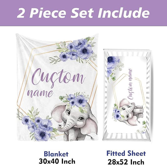 2-Piece Personalized Crib Bedding Set for Girls Boys, Including Double Layer Blanket, Crib Sheet, Infant Elephant Theme Set with Custom Name, Cozy and Durable Crib Set