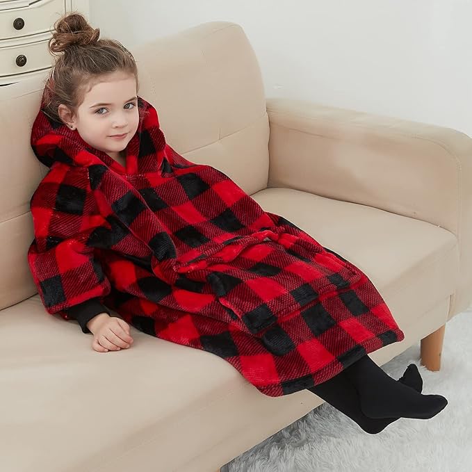 KFUBUO Wearable Blanket Hoodie for Kids Toddlers Sherpa Blanket Sweatshirt With Pocket Cute Hoodies 2-6 Year Old Girl Boy Red Plaid