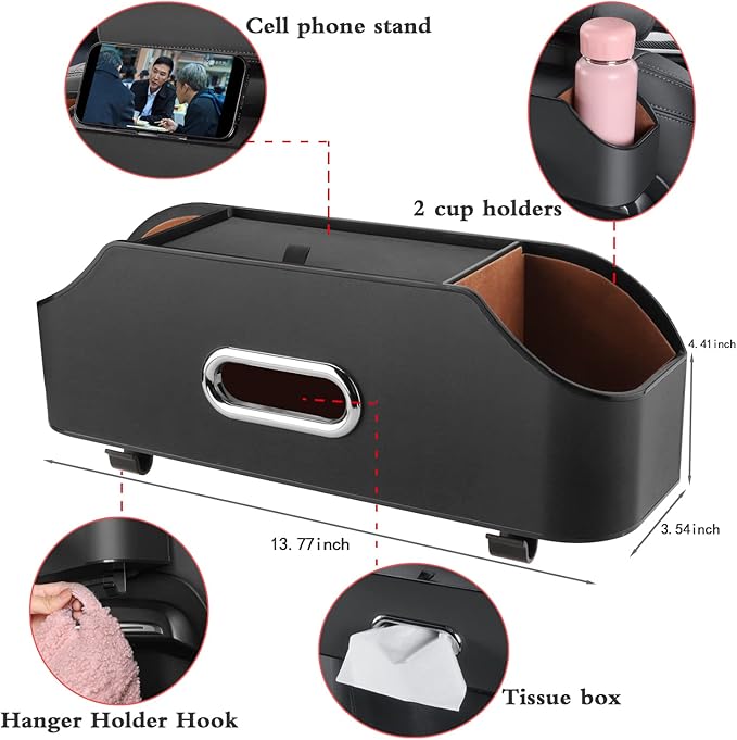 HALOYIVGO Car Seat Back Organizer - Stylish & Functional Storage for Family Adventures - Cup Holders, Tissue Box & Hooks - Perfect for Kids, Road Trips & Travel (Black)