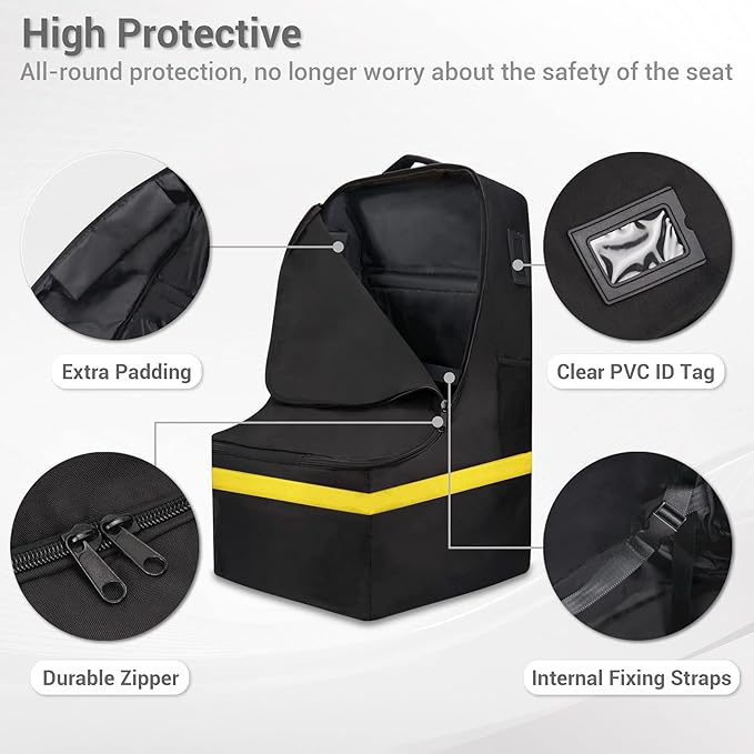 ProFaster Car Seat Travel Bag - Padded, Comfortable, Durable, Roomy Gate Check Carseat Cover Backpack Fits 3-in-1，Convertible, Booster & Infant Car Seats for Airplane, Airport, Yellow