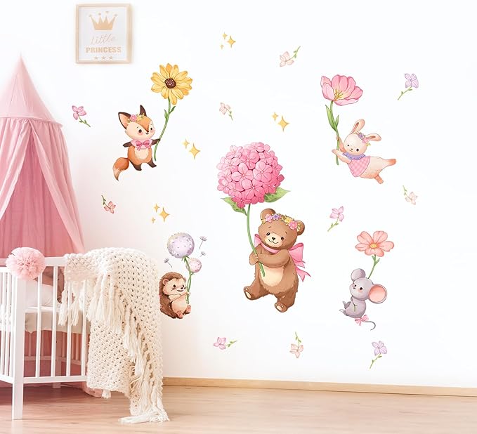 Pink Cartoon Animal Wall Decals, Bear Squirrel Rabbit Holding Flowers Flying Wall Stickers Peel and Stick Wall Decal Self Adhesive Wall Art Sticker for Girls Baby Nursery Kids Room Home Decor