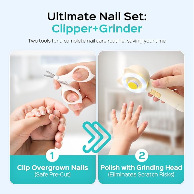 COSLUS Baby Nail File, Baby Nail Trimmer Electric, Baby Nail Clipper - Gentle, Quiet with 360° Light, Safe for Sleep Time Grinding, 16-in-1 Kit for Newborn, Infant & Toddler (C50, Lemon Yellow)