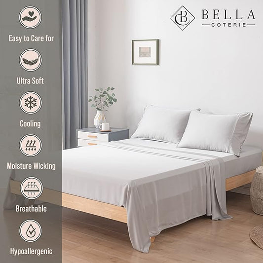 Bella Coterie Luxury Bamboo Viscose California King Size Flat Sheet | 100% Organically Grown | Ultra Soft | Cooling for Hot Sleepers [Grey Mist]