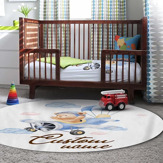 Aviator Bear Personalized Baby Crib Bedding Set, Custom Name Nursery Crib Set 5-Piece - Baby Blanket Fitted Sheet Changing Pad Cover Room Rug and Wall Art, Newborn Nursery Decor