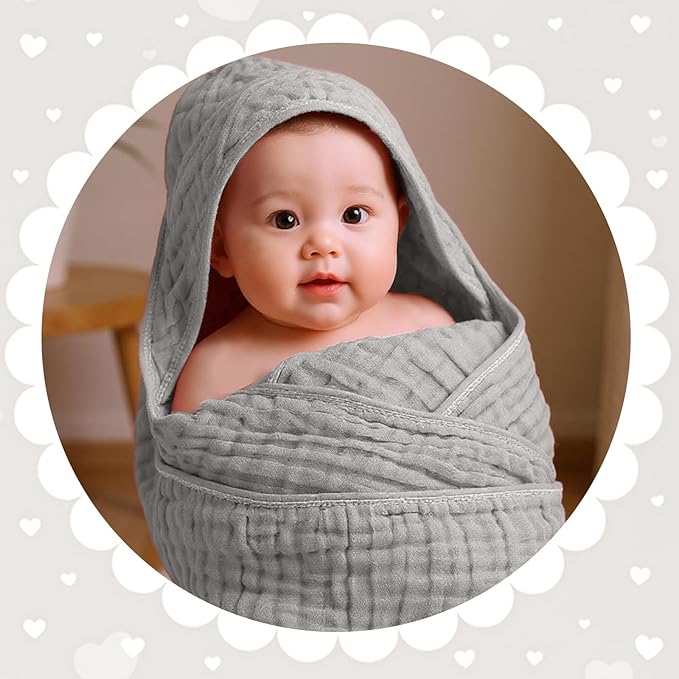 Peryiter 4 Pcs Muslin Hooded Baby Towels, 32x 32'' Cotton Newborn Bath Towel Muslin Infant Baby Blankets Absorbent Unisex Christmas Registry Gift Essentials for Girls Boys (Green,Gray,Rust,Blue)