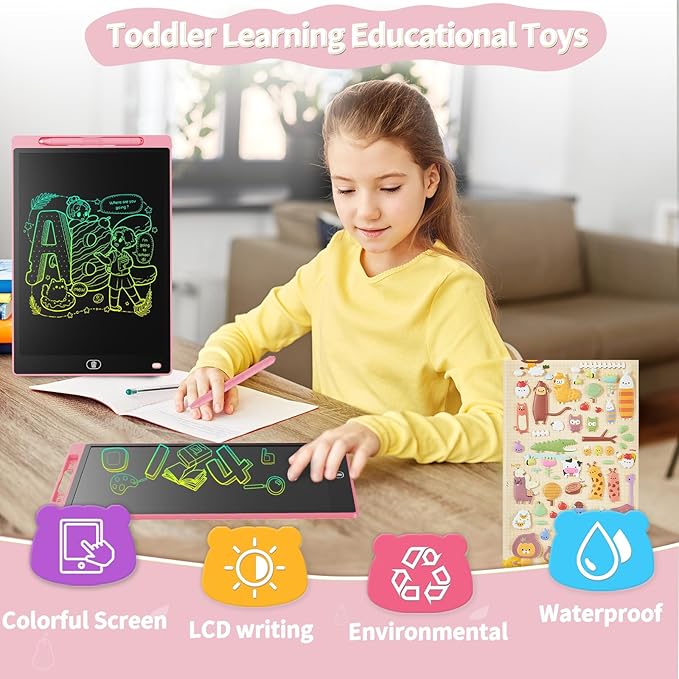 Genialba LCD Writing Board 16 Inches, Colourful Electronic Tablet, Portable Erasable Drawing Board, Graphic Tablet for Children's Games 3 4 5 6 7 Year Old Kid Boys Girls (Pink)