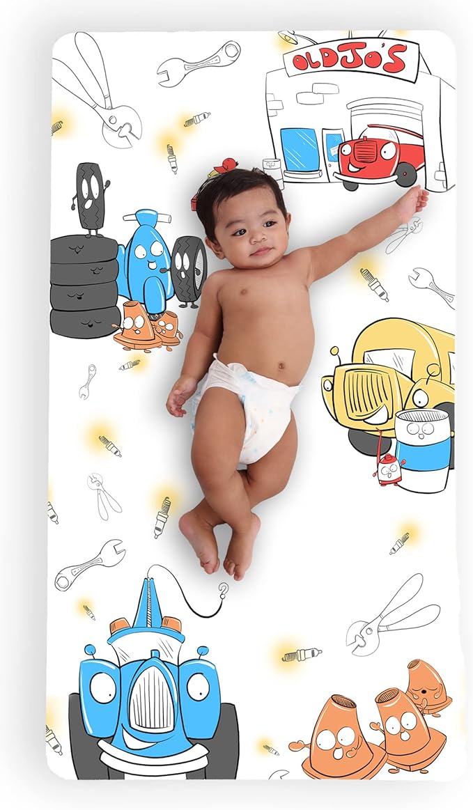 JumpOff Jo - Fitted Crib Sheet, Super Soft 100% Cotton Sheet for Standard Crib Mattresses and Toddler Beds, 28 in. x 52 in., Storytelling Designs - Jo's Garage (White)