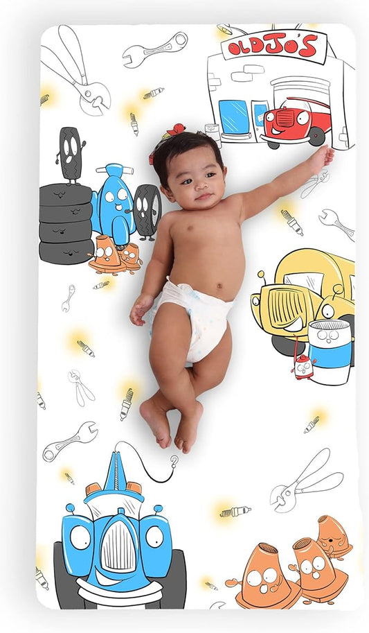 JumpOff Jo - Fitted Crib Sheet, Super Soft 100% Cotton Sheet for Standard Crib Mattresses and Toddler Beds, 28 in. x 52 in., Storytelling Designs - Jo's Garage (White)