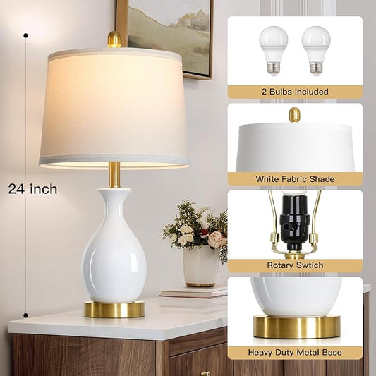 luxeflow 24" White Ceramic Table Lamps Set of 2 for Bedroom, Modern Classic Bedside Lamps for Nightstand, Small Table Lamp for Living Room Side Table (2 LED Bulbs Included)