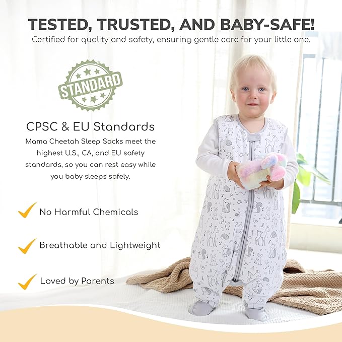 Mama Cheetah Toddler Sleep Sack with Feet, 1.0 TOG Organic Cotton Baby Wearable Blankets with Legs, Baby Sleeping Bag for Walkers, Early Walker 6-18 Month