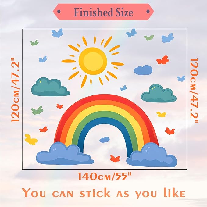 Eutecado Rainbow Wall Decals Watercolor Sun Cloud Wall Stickers for Kids Room, Cute Cloudy Rainbow Wall Decor Butterfly Sun Decorations Peel and Stick Removable Decals for Girls Room Nursery