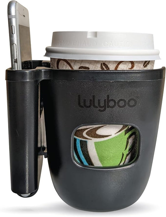 Lulyboo 2-in-1 Stroller Organizer with Phone & Cupholder, Adjustable, Rotatable, Lightweight & Durable, Fits All Phone Sizes & Beverage Bottles, Black