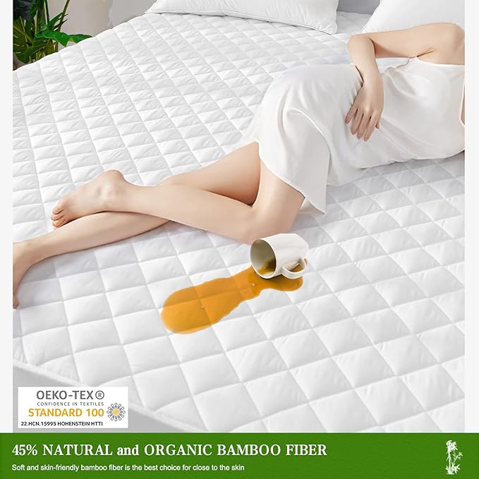 UNILIBRA Twin XL Mattress Pad Waterproof Rayon Made from Bamboo, Fitted Deep Pocket Mattress Cover fits 6''-19'', Breathable Quilted Mattress Protector, White