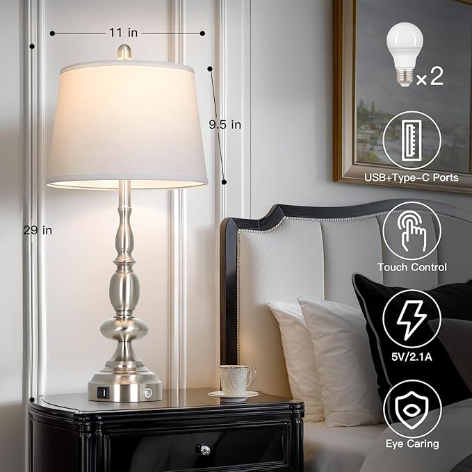 29" Tall Modern Table Lamps Set of 2, 3-Way Dimmable Touch Living Room Lamp with USB A+C Charging Port, Brushed Nickel Metal Farmhouse Bedside lamp for Bedroom Nightstand Side Table Desk Office Silver