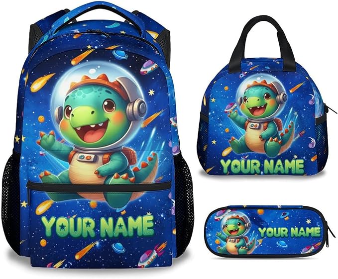 GiftoFLUX Boys Backpack- Personalized Dinosaur Backpacks with Lunch Bag - Custom Bookbag Set for Kids - Toddlers School Bag for Kindergarten/Preschool/Elementary(17 Inch)