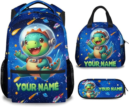 GiftoFLUX Boys Backpack- Personalized Dinosaur Backpacks with Lunch Bag - Custom Bookbag Set for Kids - Toddlers School Bag for Kindergarten/Preschool/Elementary(17 Inch)
