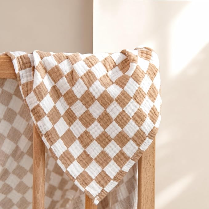 lulumoon Muslin Swaddle Blankets for Baby: Soft Cotton Newborn Receiving Blankets - Plaid Print Nursery Gift Set for Baby Girls(Mocha Plaid)