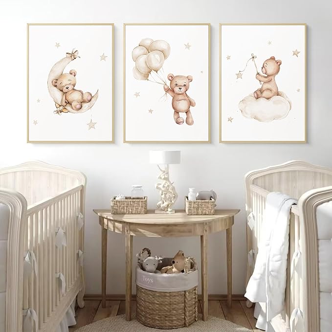 Baccone Bear Nursery Wall Art Decor Set of 3 Teddy Bear Canvas Wall Art Baby Boy Nursery Decor Prints Neutral Pictures Moon Star Cloud Print for Girls Children Room 16x24 Inch FRAMED