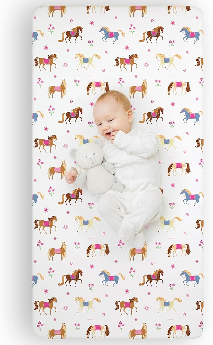 Wildkin Kids 100% Microfiber Crib Sheet – Soft, Breathable Fitted Sheet - Horses