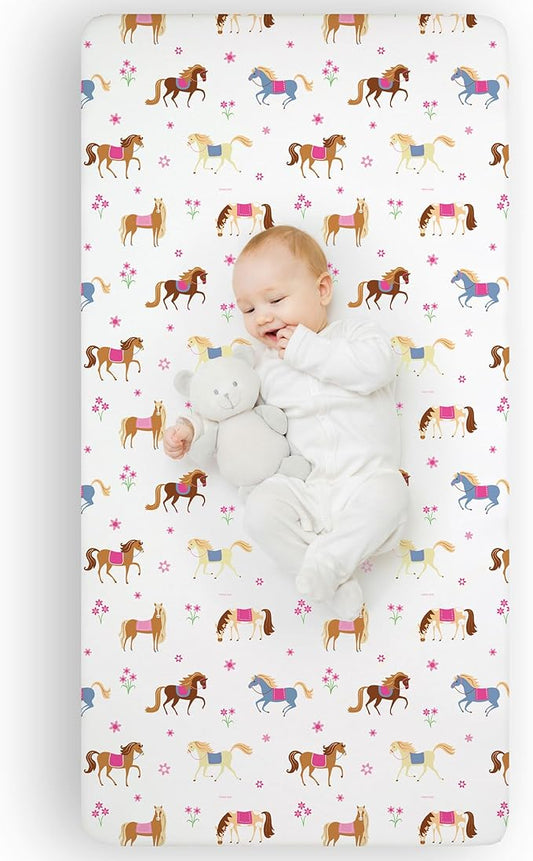Wildkin Kids 100% Microfiber Crib Sheet – Soft, Breathable Fitted Sheet - Horses