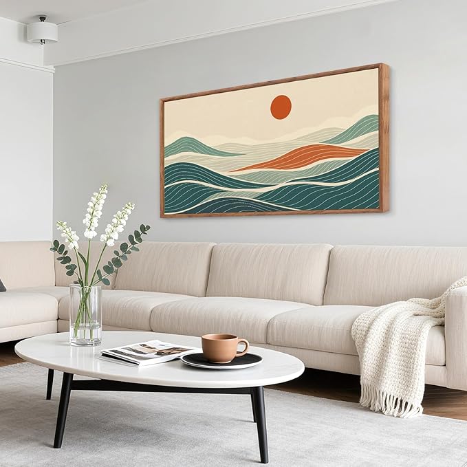 CHDITB Coastal Long Horizontal Framed Wall Art, Minimalist Sea Wall Decor, Waves Line Artwork Ocean Waves Painting, Modern Coastal Art Prints for Beach House Decor Nautical Theme Room 40”x20”x1