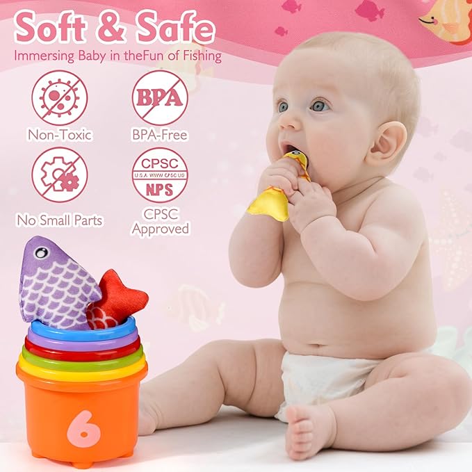 Montessori Toys for 1 Year Old - 20PCS Cloth Toddler Pink Fishing Game with Stacking Cups,Baby Color Sorting Toy 12-18 Months One Year Old Birthday Gift,Toddler Toys for 1 2 3 Year Old Boy Girl Gifts