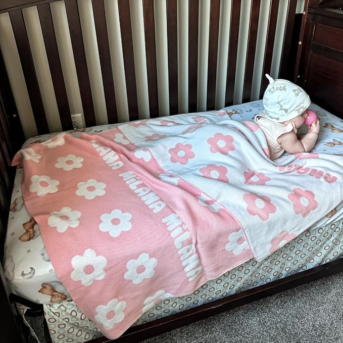 Personalized Icon Pattern Blanket – 100% Organic Cotton Customized Baby Blanket, Custom Name, Crib 36x60, Gift for Baby Shower, Birthday Present, Girls and Boys, Toddlers Kids - Made in America