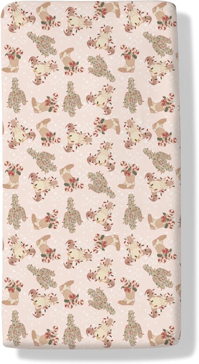 Boho Western Christmas Cowboy Baby Crib Sheets Pastel Western Cowboy Boots Cow Skull Cactus Candy Cane Fitted Crib Mattress Cover Wild West Desert Toddler Baby Sheet for Standard Crib 28x52in