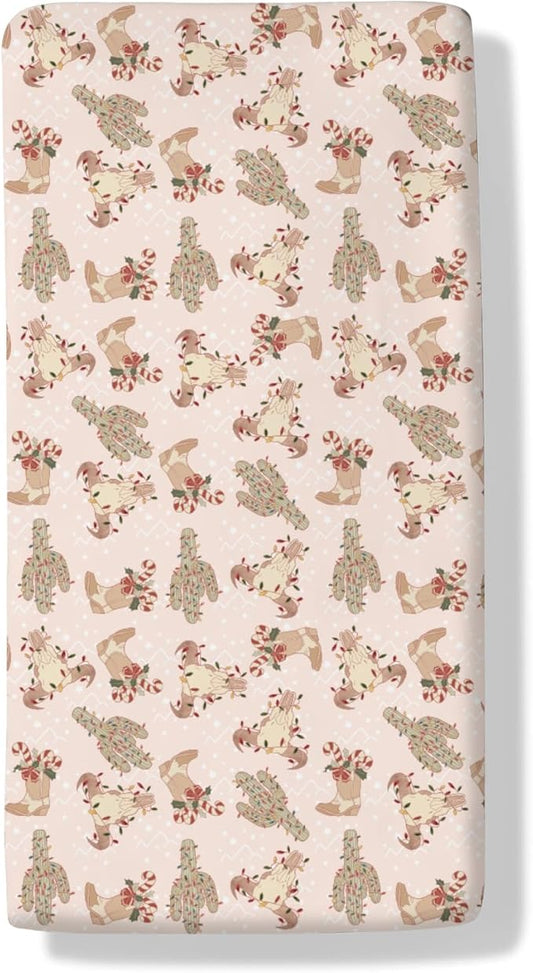 Boho Western Christmas Cowboy Baby Crib Sheets Pastel Western Cowboy Boots Cow Skull Cactus Candy Cane Fitted Crib Mattress Cover Wild West Desert Toddler Baby Sheet for Standard Crib 28x52in