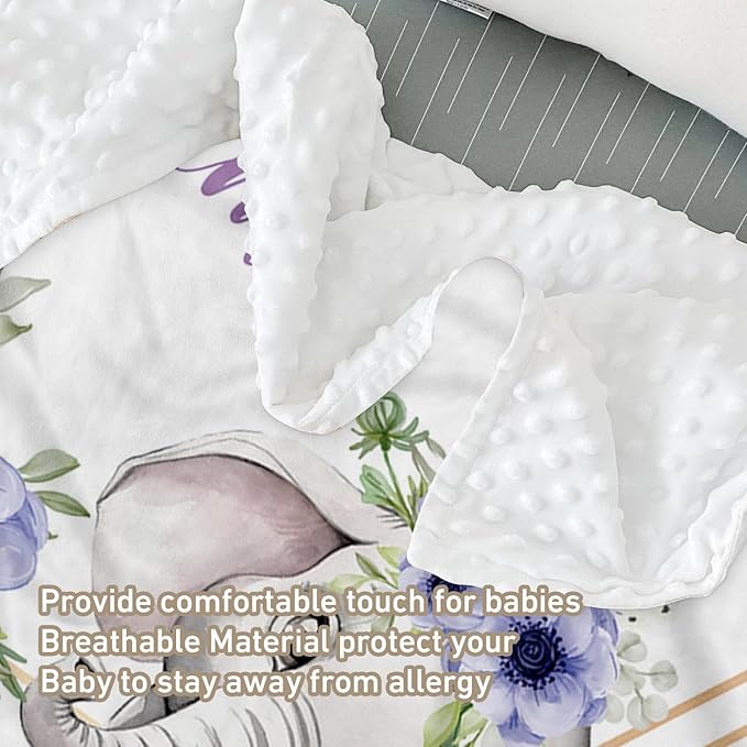 Custom Name Crib Bedding Set 3-Piece – Purple Flower Elephant Design Baby Bedding Set with Personalized Soft Blanket, Fitted Sheet, Changing Pad Cover – Ideal Newborn Gift for Boys and Girls