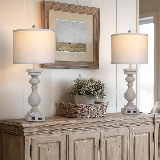 MOUVOVO 28" Tall Farmhouse Table Lamps Set of 2 with USB C+A Ports and AC Outlet, 3 Way Touch Tall Rustic Bedside Lamps for Living Room, Grey Vintage Lamps for Bedroom