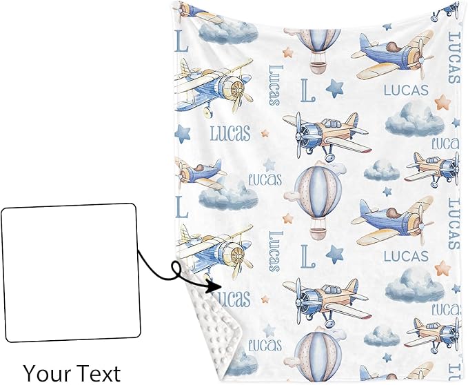 Custom Name Crib Bedding Set 3-Piece – Toy Airplane Design Baby Bedding Set with Personalized Soft Blanket, Fitted Sheet, Changing Pad Cover – Ideal Newborn Gift for Boys and Girls