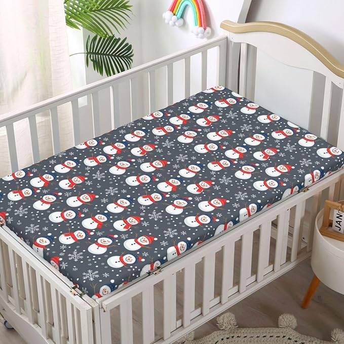 Christmas Theme Fitted Crib Sheet,Winter Snow Snowman Snowflakes Pattern,Portable Mini Crib Sheets Soft and Stretchy Fitted Crib Sheet - Great for Boy or Girl Room or Nursery,24“ x38“,Multicolor