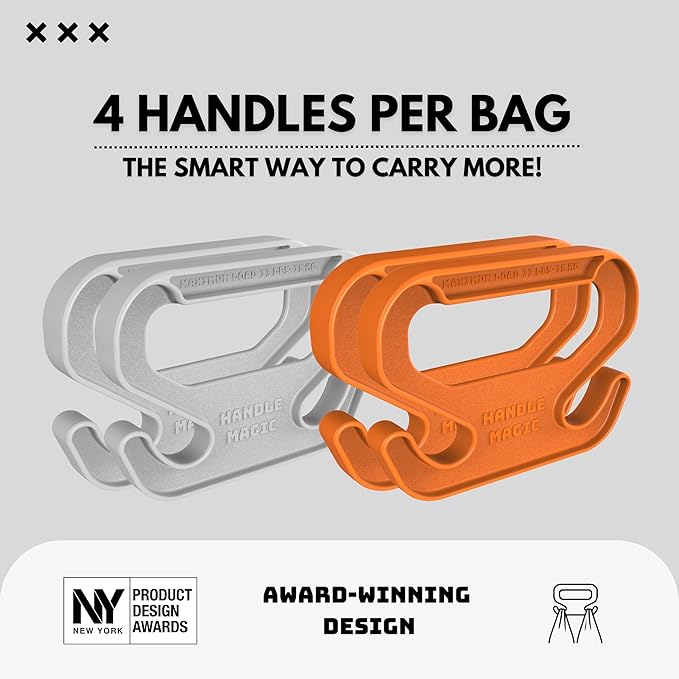 Handle Magic (4 Units) Bag Carriers | Ergonomic Grip and Bag Holder | Pocket Size | Lightweight & Comfortable for Shopping & Travel - Made in USA (White Orange)