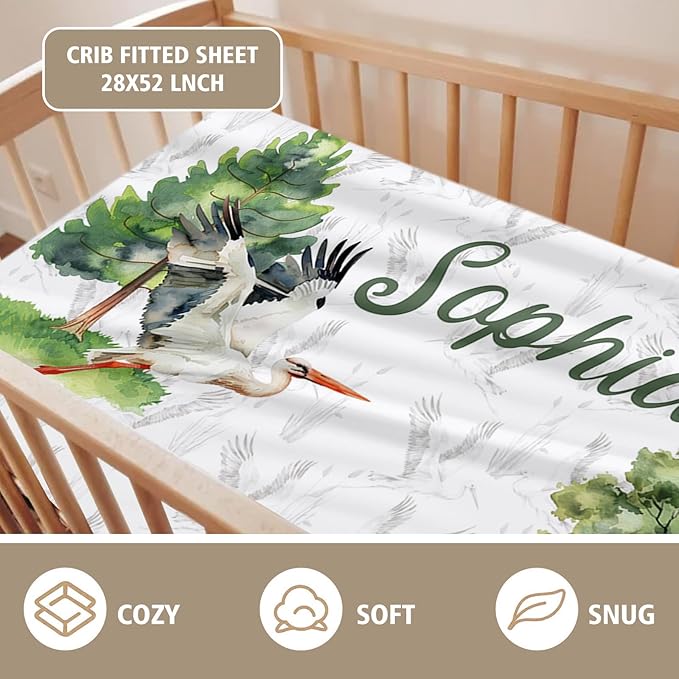 Personalized Baby Crib Bedding Set, Custom Name Crane Design Baby Bedding 2-Pcs Set-Soft Double Layer Dotted Blanket and Fitted Sheet, Nursery Bedding for Newborn Boys Girls, Perfect Shower Gift