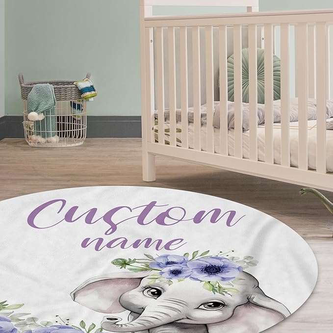Custom Baby Crib Bedding Set,Personalized Name Purple Flower Elephant Nursery Bed Set 4 Piece,Baby Blanket Fitted Sheet Nursery Rug Wall Art Set,Custom Room Decor Idea Gift for Newborns Boys Girls