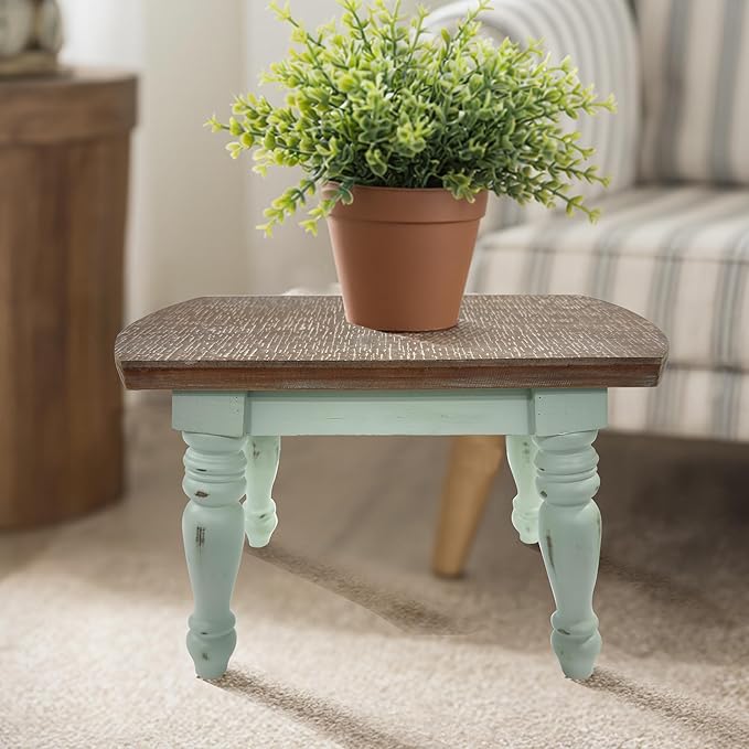 dwellington Farmhouse Wooden Plant Stand - Rustic Solid Wood Design, 300lb Capacity, Sturdy Step Stool for Kids, Kitchen, Bathroom, Vintage Home Decor(Green)