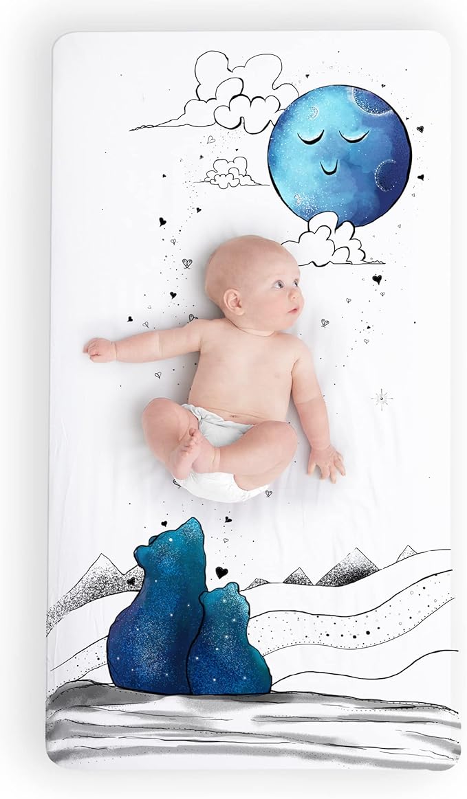 JumpOff Jo - Fitted Crib Sheet, Super Soft 100% Cotton Sheet for Standard Crib Mattresses and Toddler Beds, 28 in. x 52 in, Storytelling Designs - Mama Bear Blue