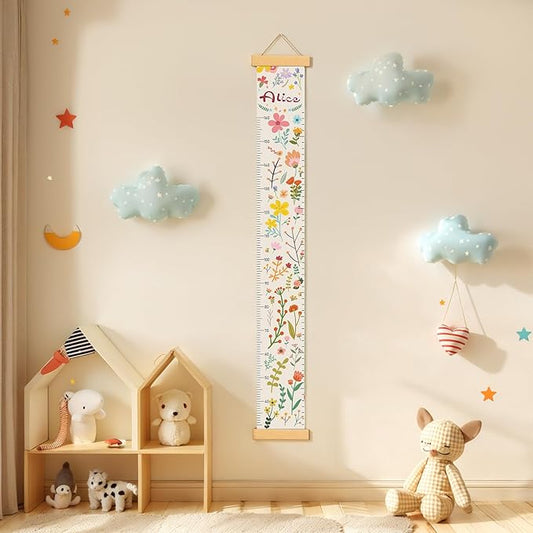 Woodemon Personalized Name Growth Chart for Wall, Painted Plants Canvas Height Chart for Kids Baby Child Toddler, Canvas Growth Chart for Wall Nursery Decor, Hangable & Waterproof
