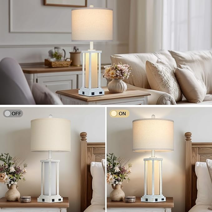 Cinkeda 27" Tall Vintage Table Lamp Set of 2 with USB C+A & Outlet,Nightstand Lamp for Living Room,Bedside Lamps with Frosted Glass Night Light for Bedroom Entryway,White