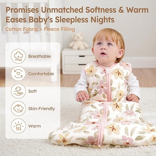 Baby Sleep Sack 0-6 Months TOG 2.5 Winter Baby Wearable Blanket, 100% Cotton Toddler Sleeping Sack with 2-Way Zipper Warm Soft Pink Flowers
