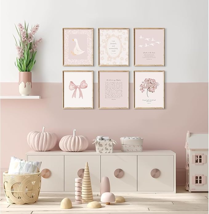 Nursery Christian Wall Art Bible Verse Prints Pink Girl Nursery Room Canvas Wall Decor Coquette Bow Poster Jesus Boho Scripture Pictures Vintage Floral Artwork for Bedroom 12x16x6 Inch Unframed
