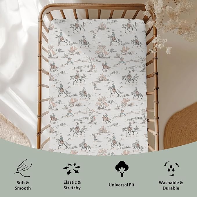 Vintage Cowboy Baby Crib Sheets for Boy Girl 52"x28" Retro Western Cowboy Horse Soft Stretchy Fitted Crib Mattress Cover Wild Desert Baby Sheet for Standard Crib & Toddler Mattress Pad